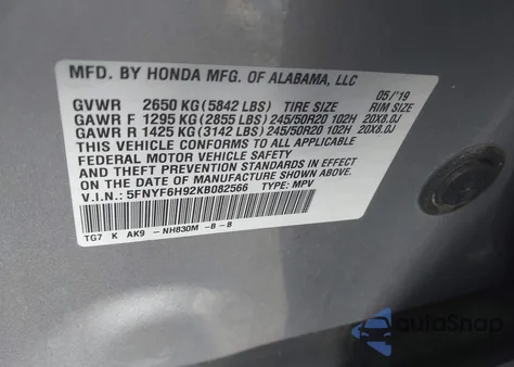 2019 Honda Pilot Touring z USA, uszkodzony, nr VIN 5FNYF6H92KB082566